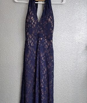B.Darlin Blue Sparkly Lace  Halter Dress With Gold  Necklace Closure   Size 1/2